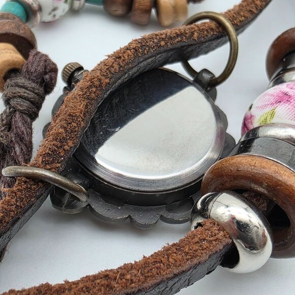 Vintage Tiedan Quartz Leather Wrap Bracelet Watch Floral Beads Boho Design - Picture 8 of 9
